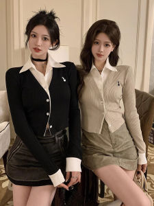 Pure Desire Design Polo Neck Embroidered Knitted Cardigan Womens Autumn Winter Short Slim Fit Shirt Fake Two-Piece Style