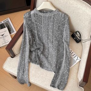 WANGGONGZHU | Shiny Sequin Soft Cozy Womens Knitwear Long Sleeve Heavy Embroidery Fashionable Spring 2025 New Style Slimming Overhead Top