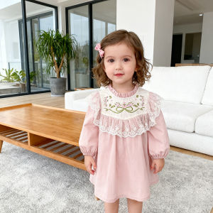 2026 New Spring 2-6Yrs Children Cotton Clothes Kids Princess Dresses Long Sleeved Splice Embroidery Baby Girl Party Sweet Dress
