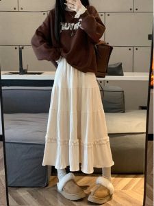 Sweet Velvet A-Line Skirt with Wood Grain Ruffle High Waist Midi Length for Women Autumn New Style Casual High Waist