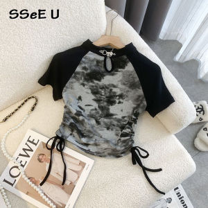 Ssee U Áo Thun Tay Ngắn cỡ lỡn Tie nhuộm cổ tròn của phụ nữ mùa hè nút lên miệng túi dạng dây rút ngắn