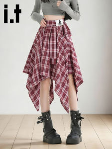 FINGERCROXX | Red Irregular Plaid A-Line High Waist Halter Hem Skirt