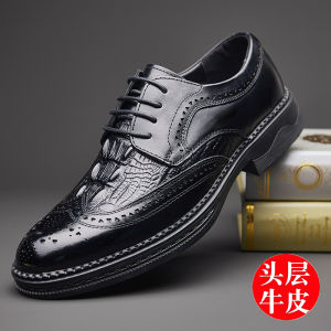 Mens Casual Business Leather Shoes Spring 2025 Layered Cowhide Brogue Carving British Style Slip-On Low Heel Breathable