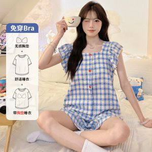 Áo Ngủ Cotton Mỏng Mùa Hè Cho Nữ Áo Sơ Mi Dây Đeo Ngực Áo Ngắn Quần Áo Mặc Nhà Áo Khoác Ngoài Quần Áo Mặc Nhà Thoáng Khí