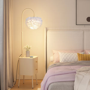 Smart Modern Floor Lamp Integrated Bedroom Sofa Side Luxury Feather 2024 New Model Iron Wood Leather Living Room Lamp
