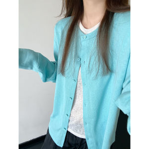 Icy Blue Round Neck Snow Cotton Knitwear Cardigan Women