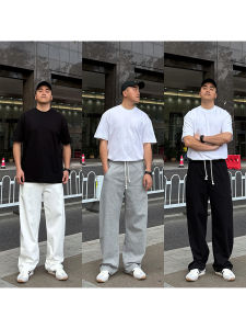 High Waist Illusory Trousers Mens Grey Sports Loose Large Size Casual Pants Spring Summer Straight Leg Breathable Cotton Polyester