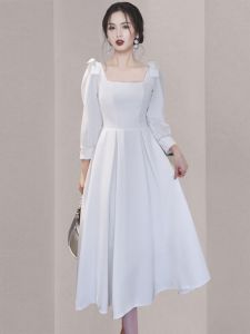 Elegant French Style Long Sleeve Square Collar Dress Womens Fashionable Everyday Gown for Adult Ceremony Wedding Party