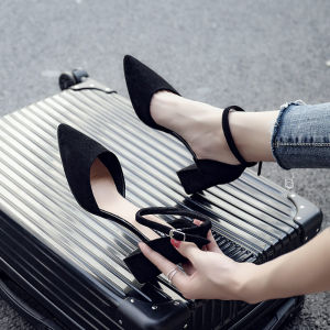 Feeltime Womens Sandals 2024 Summer New Style Black Pointed Toe Middle Heel Buckle Strap High Heels Fashionable Thick Heel