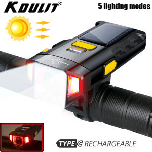 Solar Bike Front Light Rechargeable Head Light with COB Red Warning Light Cycling Bike Near Far Flashlight for Night Riding