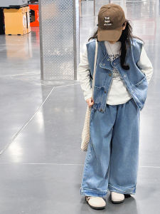 MPW | Girls Casual Denim Set Three Pieces Spring Autumn Fashionable Childrens Clothing V-Neck Sleeveless Vest With Bottom And Pants