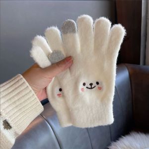 ถุงมือน่ารักผู้หญิงลายการ์ตูนหมีปักถุงมือสัมผัสหน้าจอฤดูหนาวอบอุ่นสำหรับผู้หญิงฤดูใบไม้ร่วงนุ่มถุงมือถัก