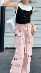 กางเกงคาร์โก้เด็กผู้หญิง กางเกงขากว้างแบบสปอร์ต ใหม่สําหรับปี 2025 ใส่สบาย ไม่ระคายผิว ไหมน้ําแข็ง 7-15 ขวบ