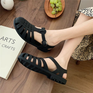 Womens Thin Stripe Retro Weaving Hollow Roman Sandals Summer Fashion Outdoor Seaside Non-Slip Flat Jelly Shoes