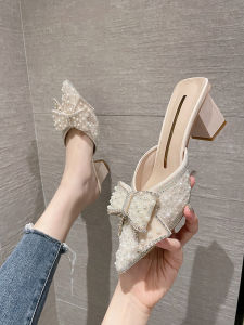 Fashionable Butterfly Knot Water Diamond Half Slip High Heel Slippers Women Outdoor Wear Thick Heel Pointed Toe Sandals