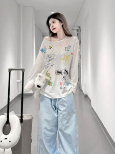 YUEZHONGWEI | American Cartoon Print Long Sleeve Thin T-Shirt Women Summer Outerwear Shoulder Baring Sun Protection Cover Up Air Conditioning Shirt