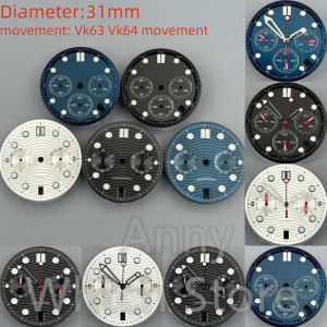 31mm Vk63 Vk64 Chronograph Watch Dial With Hands Green Luminous 4 Hours Date 6 Hours Date Window For VK63 Vk64 Quartz Movement
