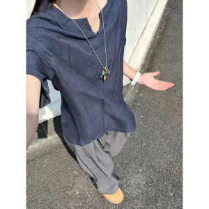 Navy Linen Look V-neck Summer Lightweight Breathable T-shirt Short Sleeve
