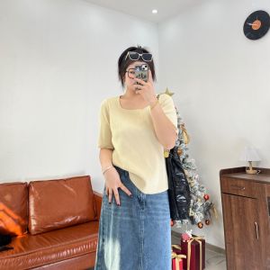 plus Size Womens Summer New Pure Color Simple Square Collar Short Sleeve Loose Knitted Top Versatile Slimming T-Shirt