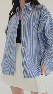 ORECCA - Callie Top Atasan Kemeja Salur Wanita Lengan Panjang