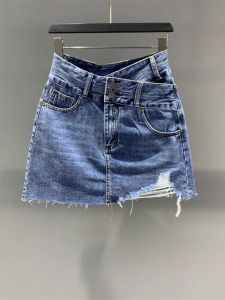 High Waist A-Line Mini Skirt Womens Denim Shorts Skirts Summer New Korean Style Versatile Slimming Break Hole Skirts