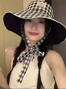 Cute Bow Bucket Hat Plaid Print Reversible Korean Sun Hat for Women | Wide Brim UV Protection Summer Cap |Pang-beach & Pang-daily OOTD