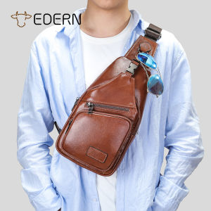 EDERN New Genuine Leather Mens Chest Bag Fashion Casual Crossbody Bag Cowhide Sling Bag Male Large Capacity Travel Chest Pouch