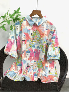 ฤดูร้อน 2024 ผู้หญิง หลวม เสื้อเชิ้ตแขนสั้นพอดี ผ้าฝ้าย 100% ลายดอก เปิด ปกเสื้อ กระดุมเดี่ยว Easy Match Style