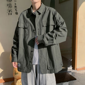 Japanese Style Workwear Shirt Jacket Mens Hong Kong Style CEC Retro Multi-Pocket Casual Loose Shirt Trendy Couple Coat