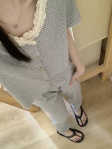 ชุดนอนผู้หญิงแขนสั้นลายทางบาง สไตล์เกาหลี ชุดนอนฤดูร้อน ชุดนอนผ้าฝ้ายผสมคอตตอน ชุดนอนผู้หญิง