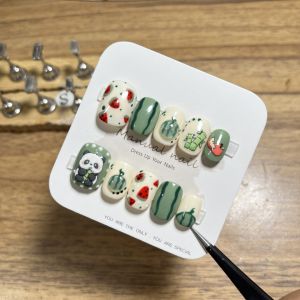 Detachable Handmade Green Bamboo Cartoon Panda Short Wearing Nail Art Stickers Cute White Enhancing Removable Nail Tips