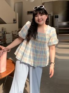Áo Sơ Mi Nữ Tay Ngắn Cỡ Lớn Kẻ Caro Cổ Vuông Thời Trang Mùa Hè Thường Ngày Polyester 75% Cotton 25% Cho Mọi Loại Hình Thể