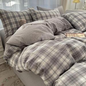Kiss Dear | Simple Japanese Style Gray Checked 100% Cotton Water Washed Bedding Set 1.5m