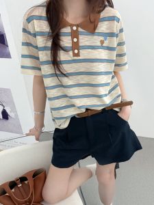 YUEZHONGWEI | Áo Thun Polo Sọc Đối Lập Cổ Tròn Kẻ Băng Siêu Mịn Dệt Kim Ôm Body Mới Hè