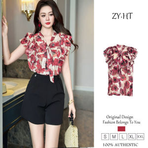 Summer 2025 New Womens French Chic Design Sense Ruffle Print Slim Chiffon Short Sleeve Top 35130