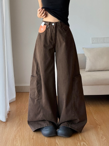 High Waist Loose Fit Straight Leg Denim Work Pants Womens plus Size Coffee Color Wide Leg Jeans Casual Floor Length Pants