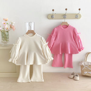 Children Bow Shirts + Flared Trousers 2pcs Suit Cotton Toddler Girl Outfits Autumn Korean Girls Set Sweet and Cute Girls Set
