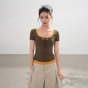 BAIDAIFEI | Square Collar Illusion Two-Piece Short Sleeve T-Shirt Fitted American Style