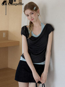 La Chapelle | Layered Style Neckline Halter Short Sleeve Tee for Ladies Slim