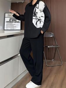 New Chinese Style Ice Silk Set Mens Autumn Long Sleeve Shirt Pure Color Drapey Wide Leg West Pants Casual Sportswear Kit