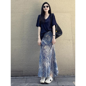 SHANGSHA | Summer Important Occasion Luxurious Elegance Blue T-shirt Dress