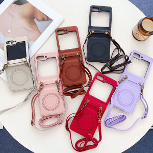 Leather Magsafe Magnetic Sling Case Full Coverage Casing For Samsung Galaxy Z Flip5 Z Flip6 Case Z Flip3 5G Case Crossbody Strap Ribbon Protect Hinge Shock Resistant Lanyard Slim Thin Z Flip 5 Case Wireless Charging Cover