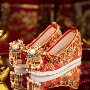 Original Handmade Beaded Wedding Shoes for Women High-End Chinese Hanfu Wedding Shoes Increased Height Internal Show Heel
