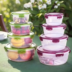 8pcs/set (4 Containers+4 Sealed Lids) - Kitchen Vegetable and Fruit Storage Box Microwave Safe Round Bento Box