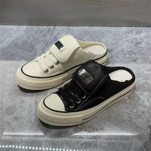 Full Leather Slip-On Casual Shoes Womens Spring Summer New Versatile Flat Heel Trendy Cross Buckle Strap Sheepskin Lined Sandals