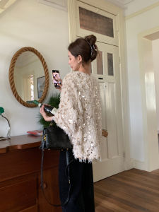 ชุดเดรสสเวตเตอร์ประดับเลื่อมสีทองสำหรับผู้หญิงในช่วงวันหยุด ดีไซน์เก๋ไก๋ แขนยาว ปกกลม ทรงหลวม สวมหัว