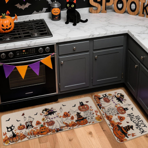 VIKAMA Halloween Kitchen Runner Rug Set Cute Ghost Black Cat Skeleton Non Slip Kitchen Floor Mat Holiday Home Decor