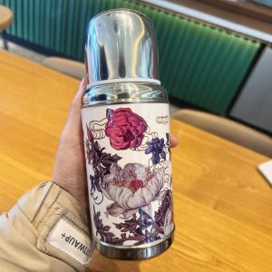Portable Retro Print Thermal Flask with Two Lids