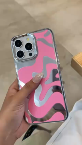Pink Garis Bergelombang - Kawaii Spiegel Mirror Case/Casing Kaca - Hardcase/Casing HP For Iphone 7 7plus 8 X Xr 11 12 13 14 15 16 17 17AIR Pro Promax Casing Full Cover Pelindung Handphone RCI524
