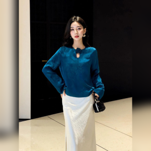 YUFUQING | New Chinese Style Blue Floral Shirt Hollow Out Breathable Spring Autumn Season Long Sleeve Round Neck Top Elegant Atmosphere